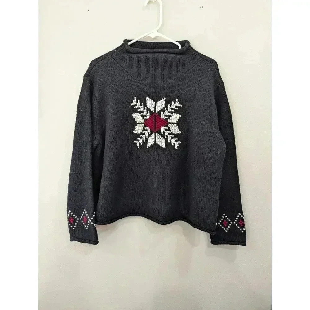 Vintage black wool sweater w/cross stitch snowflake front detail Sonoma Jean XL